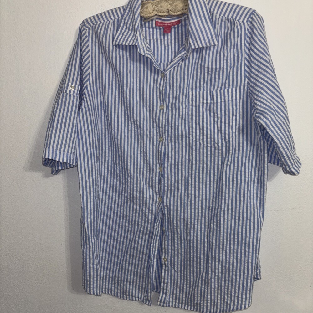 Woman Within Seersucker Short Sleeve Top Button Front Classic Size L